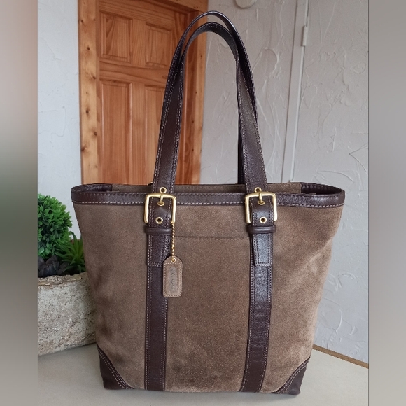 Coach Carly, Suede Shoulder/Tote Bag In Taupe - Picture 3 of 14